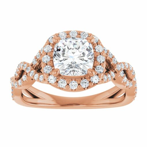 Infinity braided cushion cut halo engagement ring in rose gold.