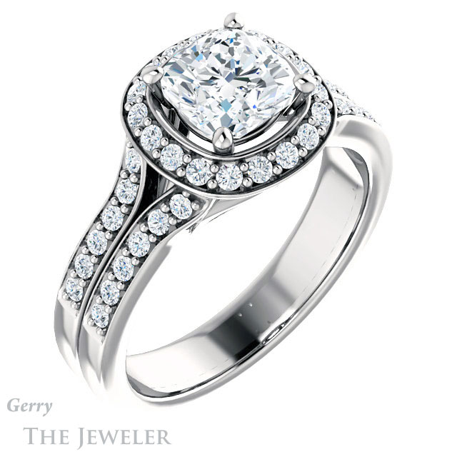 Cushion Cut Forever One Moissanite Engagement Ring #GTJ1001-cushion-fo-w | Gerry The Jeweler Cushion Cut Forever One Moissanite Engagement Ring #GTJ1001-cushion-fo-w