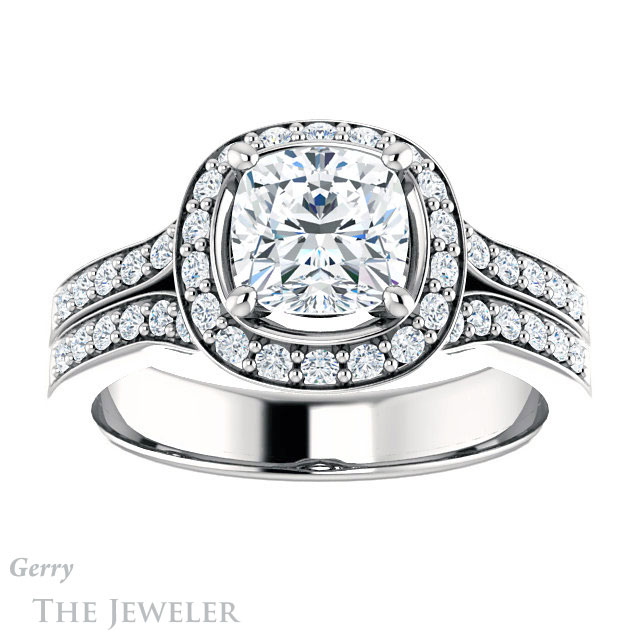 Cushion Cut Forever One Moissanite Engagement Ring #GTJ1001-cushion-fo-w | Gerry The Jeweler Cushion Cut Forever One Moissanite Engagement Ring #GTJ1001-cushion-fo-w