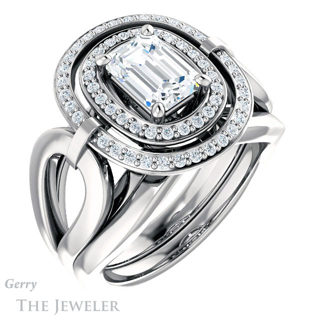 Emerald Cut Forever One Moissanite Engagement Ring #GTJ1002-emerald-fb-w | Gerry The Jeweler Emerald Cut Forever Brilliant Moissanite Engagement Ring #GTJ1002-emerald-fb-w