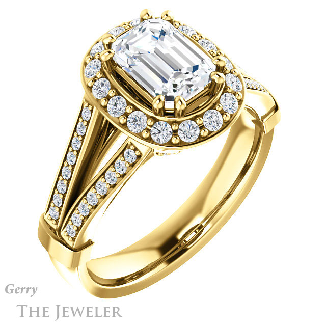 Emerald Cut Forever One Moissanite Engagement Ring #GTJ1006-emerald-fb-y 4 Emerald Cut Forever Brilliant Moissanite Engagement Ring #GTJ1006-emerald-fb-y