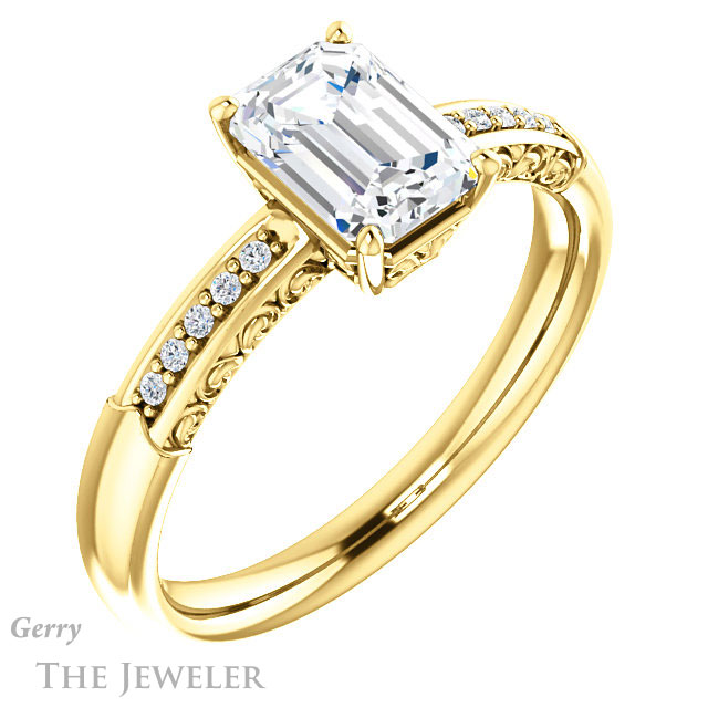 Emerald Cut Forever One Moissanite Engagement Ring #GTJ1011-emerald-fb-y 4 Emerald Cut Forever Brilliant Moissanite Engagement Ring #GTJ1011-emerald-fb-y