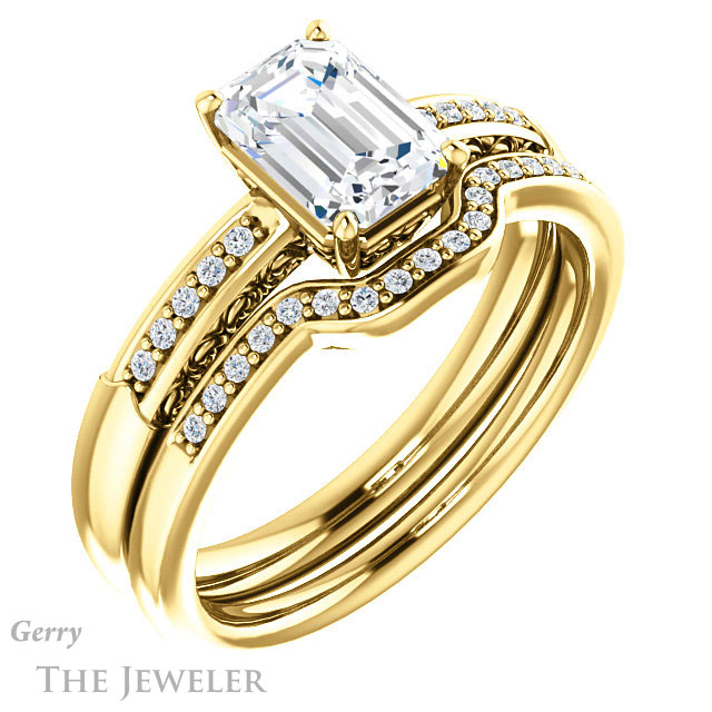 Emerald Cut Forever One Moissanite Engagement Ring #GTJ1011-emerald-fb-y 6 Emerald Cut Forever Brilliant Moissanite Engagement Ring #GTJ1011-emerald-fb-y