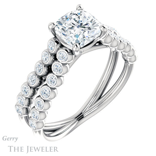 Cushion Cut Forever One Moissanite Engagement Ring #GTJ1012-cushion-fo-w | Gerry The Jeweler Cushion Cut Forever One Moissanite Engagement Ring #GTJ1012-cushion-fo-w