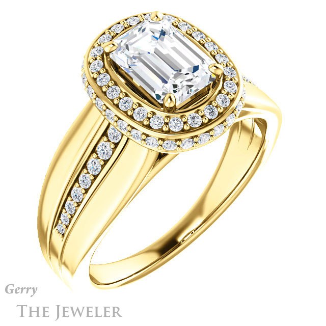 Emerald Cut Forever One Moissanite Engagement Ring #GTJ1017-emerald-fb-y 4 Emerald Cut Forever Brilliant Moissanite Engagement Ring #GTJ1017-emerald-fb-y