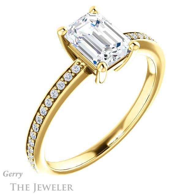 Emerald Cut Forever One Moissanite Engagement Ring #GTJ1018-emerald-fb-y 4 Emerald Cut Forever Brilliant Moissanite Engagement Ring #GTJ1018-emerald-fb-y