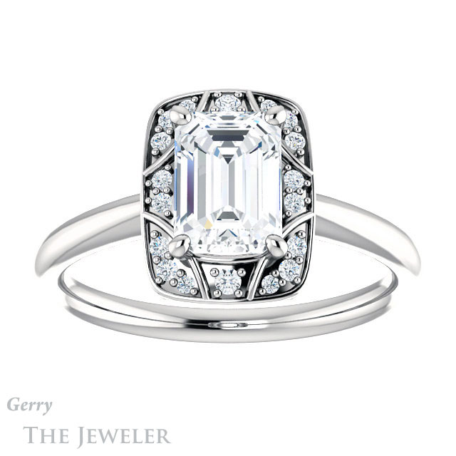 Emerald Cut Forever One Moissanite Engagement Ring #GTJ1020-emerald-fb-w 1 Emerald Cut Forever Brilliant Moissanite Engagement Ring #GTJ1020-emerald-fb-w