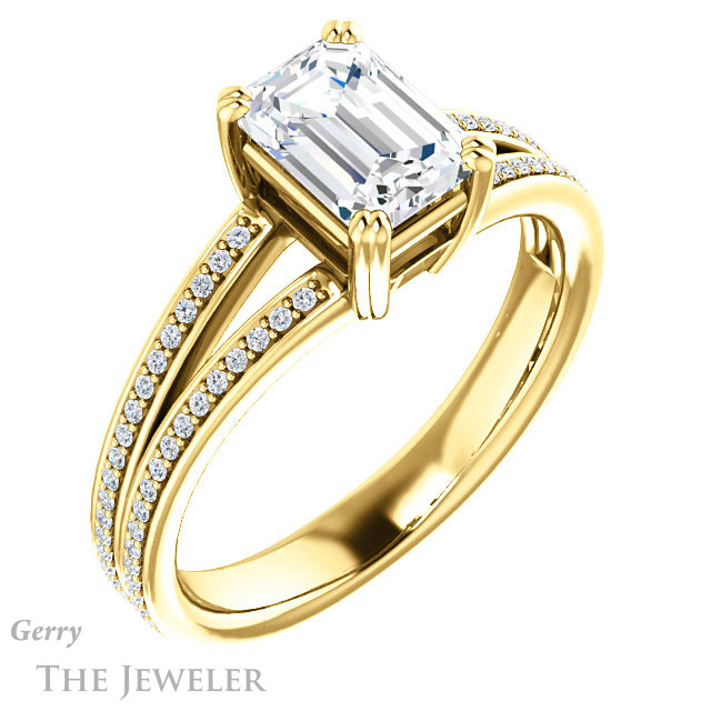 Emerald Cut Forever One Moissanite Engagement Ring #GTJ1030-emerald-fb-y 4 Emerald Cut Forever Brilliant Moissanite Engagement Ring #GTJ1030-emerald-fb-y