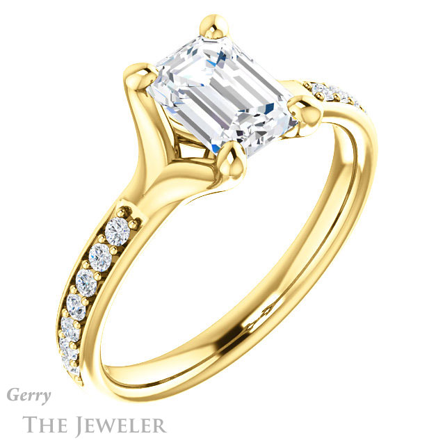 Emerald Cut Forever One Moissanite Engagement Ring #GTJ1039-emerald-fb-y 4 Emerald Cut Forever Brilliant Moissanite Engagement Ring #GTJ1039-emerald-fb-y