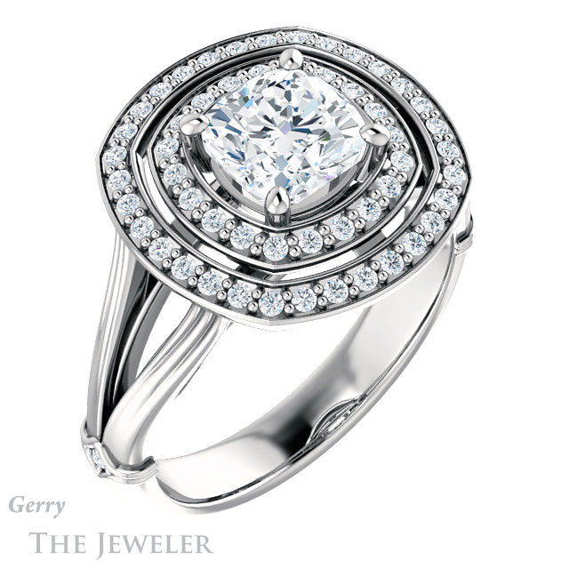 Cushion Cut Forever One Moissanite Engagement Ring #GTJ1046-cushion-fo-w | Gerry The Jeweler Cushion Cut Forever One Moissanite Engagement Ring #GTJ1046-cushion-fo-w