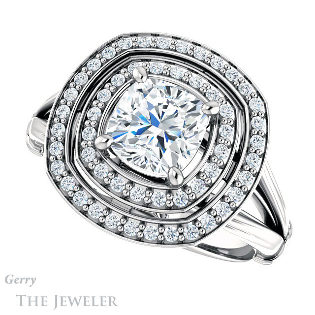 Cushion Cut Forever One Moissanite Engagement Ring #GTJ1046-cushion-fo-w | Gerry The Jeweler Cushion Cut Forever One Moissanite Engagement Ring #GTJ1046-cushion-fo-w