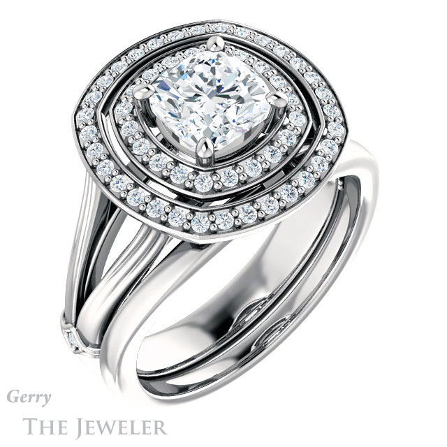 Cushion Cut Forever One Moissanite Engagement Ring #GTJ1046-cushion-fo-w | Gerry The Jeweler Cushion Cut Forever One Moissanite Engagement Ring #GTJ1046-cushion-fo-w