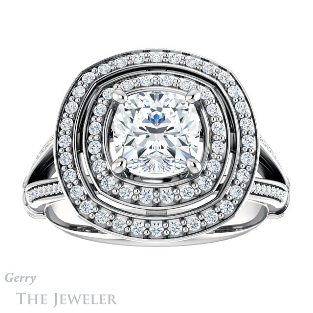 Cushion Cut Forever One Moissanite Engagement Ring #GTJ1047-cushion-fo-w | Gerry The Jeweler Cushion Cut Forever One Moissanite Engagement Ring #GTJ1047-cushion-fo-w