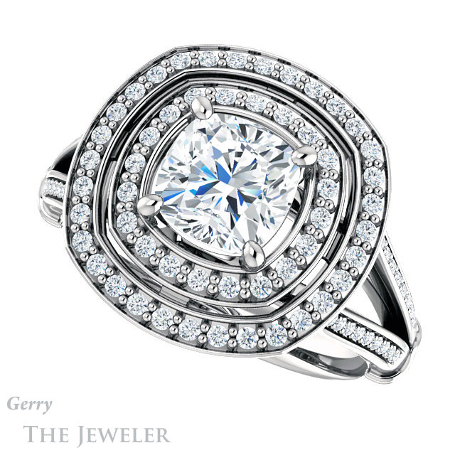 Cushion Cut Forever One Moissanite Engagement Ring #GTJ1047-cushion-fo-w | Gerry The Jeweler Cushion Cut Forever One Moissanite Engagement Ring #GTJ1047-cushion-fo-w