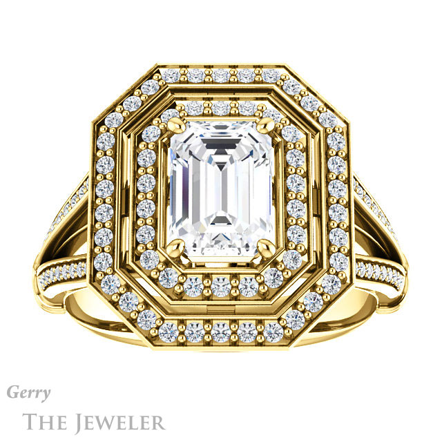 Emerald Cut Forever One Moissanite Engagement Ring #GTJ1047-emerald-fb-y | Gerry The Jeweler Emerald Cut Forever Brilliant Moissanite Engagement Ring #GTJ1047-emerald-fb-y