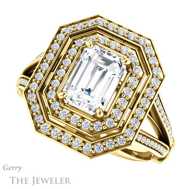 Emerald Cut Forever One Moissanite Engagement Ring #GTJ1047-emerald-fb-y | Gerry The Jeweler Emerald Cut Forever Brilliant Moissanite Engagement Ring #GTJ1047-emerald-fb-y