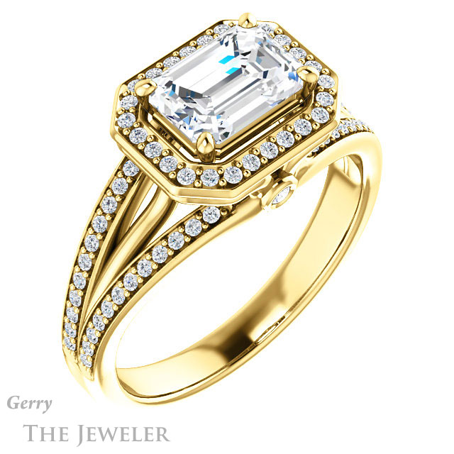 Emerald Cut Forever One Moissanite Engagement Ring #GTJ1053-emerald-fb-y 4 Emerald Cut Forever Brilliant Moissanite Engagement Ring #GTJ1053-emerald-fb-y