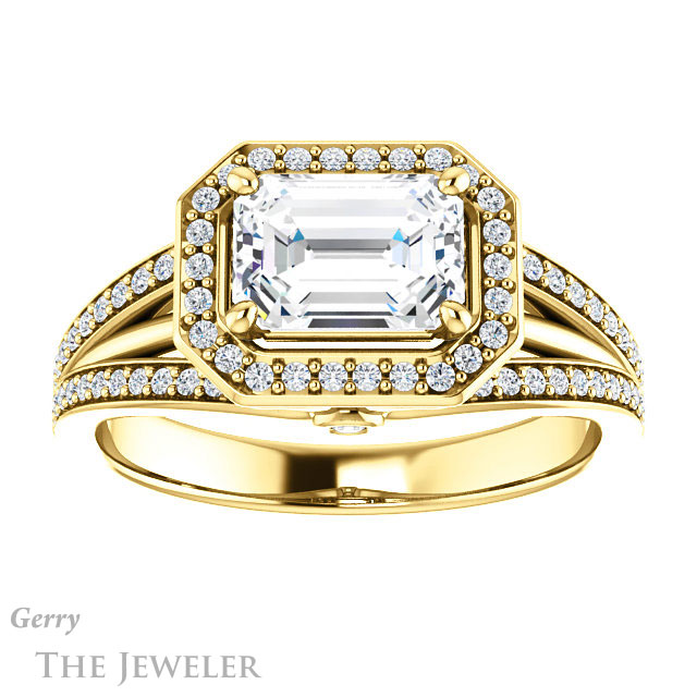 Emerald Cut Forever One Moissanite Engagement Ring #GTJ1053-emerald-fb-y 1 Emerald Cut Forever Brilliant Moissanite Engagement Ring #GTJ1053-emerald-fb-y