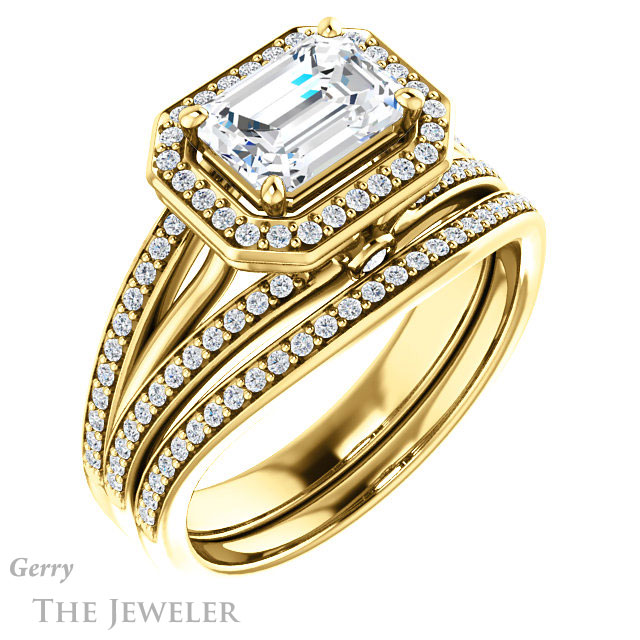 Emerald Cut Forever One Moissanite Engagement Ring #GTJ1053-emerald-fb-y 6 Emerald Cut Forever Brilliant Moissanite Engagement Ring #GTJ1053-emerald-fb-y