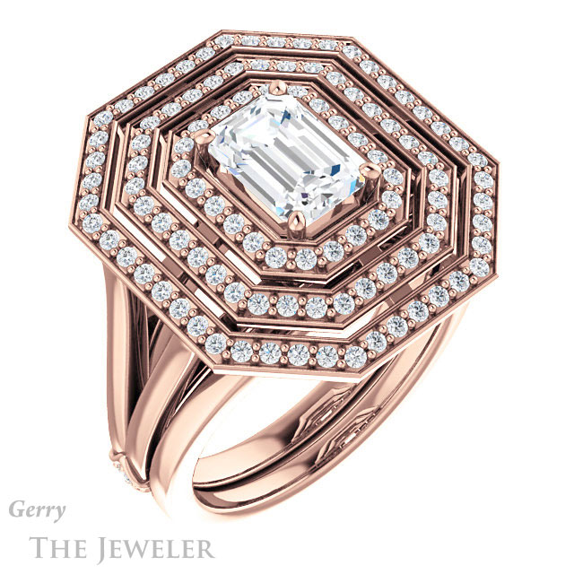 Emerald Cut Forever One Moissanite Engagement Ring #GTJ1057-emerald-fb-r 6 Emerald Cut Forever Brilliant Moissanite Engagement Ring #GTJ1057-emerald-fb-r