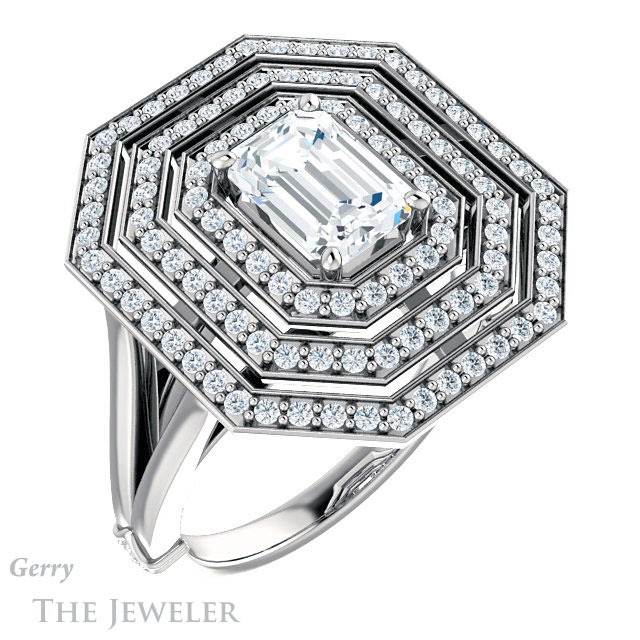 Emerald Cut Forever One Moissanite Engagement Ring #GTJ1057-emerald-fb-w 4 Emerald Cut Forever Brilliant Moissanite Engagement Ring #GTJ1057-emerald-fb-w