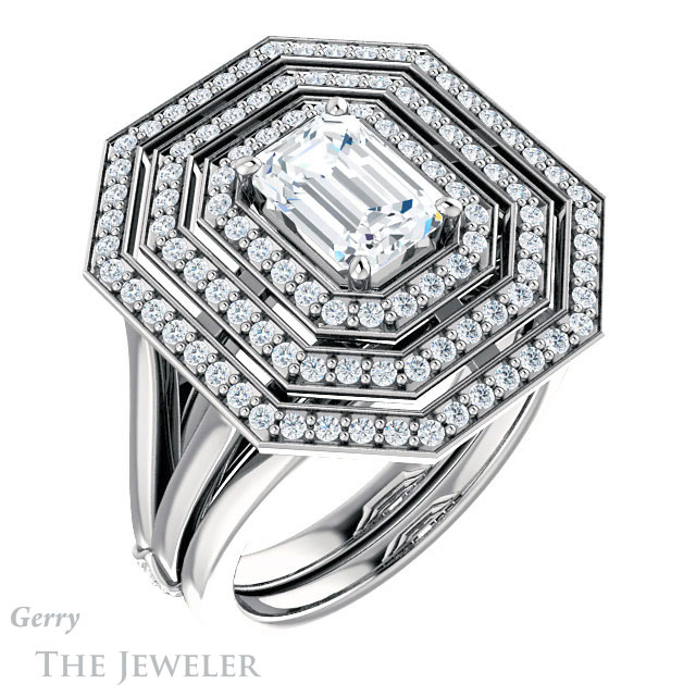 Emerald Cut Forever One Moissanite Engagement Ring #GTJ1057-emerald-fb-w 6 Emerald Cut Forever Brilliant Moissanite Engagement Ring #GTJ1057-emerald-fb-w