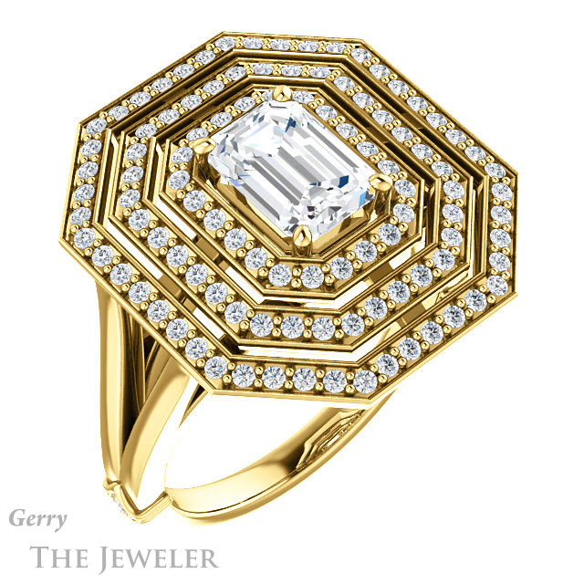 Emerald Cut Forever One Moissanite Engagement Ring #GTJ1057-emerald-fb-y 4 Emerald Cut Forever Brilliant Moissanite Engagement Ring #GTJ1057-emerald-fb-y