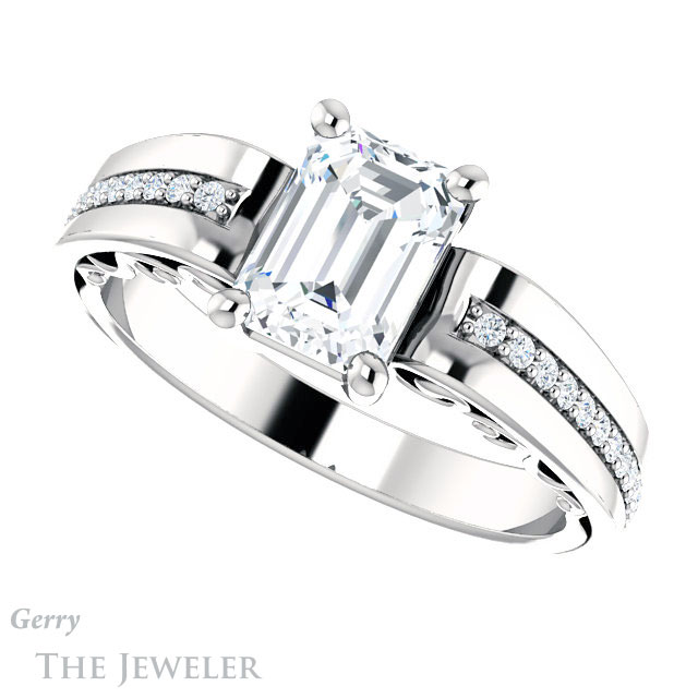 Emerald Cut Forever One Moissanite Engagement Ring #GTJ1058-emerald-fb-w | Gerry The Jeweler Emerald Cut Forever Brilliant Moissanite Engagement Ring #GTJ1058-emerald-fb-w