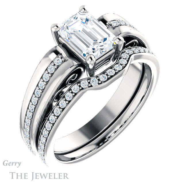 Emerald Cut Forever One Moissanite Engagement Ring #GTJ1058-emerald-fb-w | Gerry The Jeweler Emerald Cut Forever Brilliant Moissanite Engagement Ring #GTJ1058-emerald-fb-w
