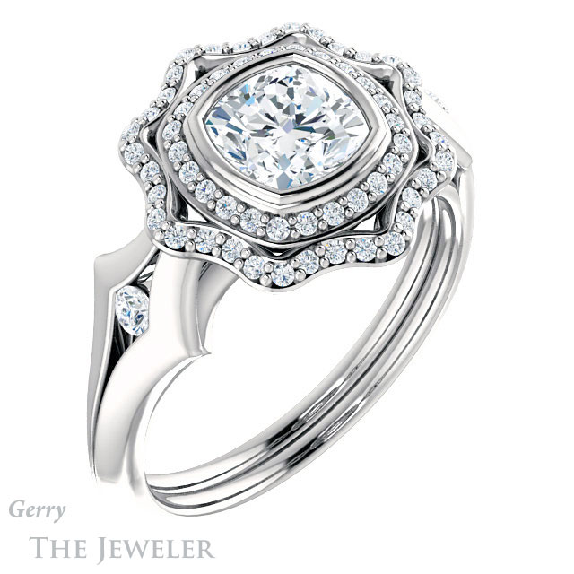 Cushion Cut Forever One Moissanite Engagement Ring #GTJ1062-cushion-fo-w 4 Cushion Cut Forever One Moissanite Engagement Ring #GTJ1062-cushion-fo-w