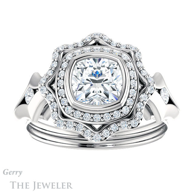 Cushion Cut Forever One Moissanite Engagement Ring #GTJ1062-cushion-fo-w 1 Cushion Cut Forever One Moissanite Engagement Ring #GTJ1062-cushion-fo-w