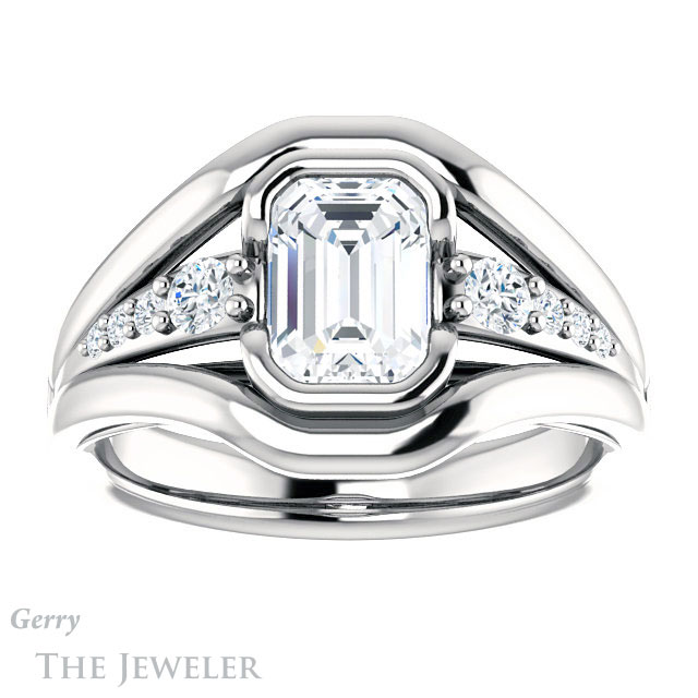 Emerald Cut Forever One Moissanite Engagement Ring #GTJ1063-emerald-fb-w 1 Emerald Cut Forever Brilliant Moissanite Engagement Ring #GTJ1063-emerald-fb-w