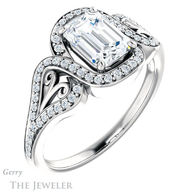 Emerald Cut Forever One Moissanite Engagement Ring #GTJ1069-emerald-fb-w 4 Emerald Cut Forever Brilliant Moissanite Engagement Ring #GTJ1069-emerald-fb-w