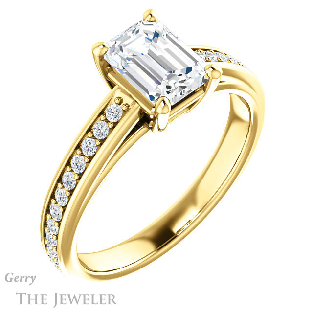Emerald Cut Forever One Moissanite Engagement Ring #GTJ1090-emerald-fb-y 4 Emerald Cut Forever Brilliant Moissanite Engagement Ring #GTJ1090-emerald-fb-y