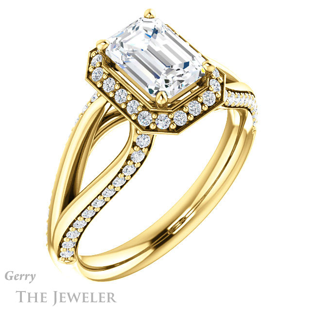 Emerald Cut Forever One Moissanite Engagement Ring #GTJ1094-emerald-fb-y 4 Emerald Cut Forever Brilliant Moissanite Engagement Ring #GTJ1094-emerald-fb-y