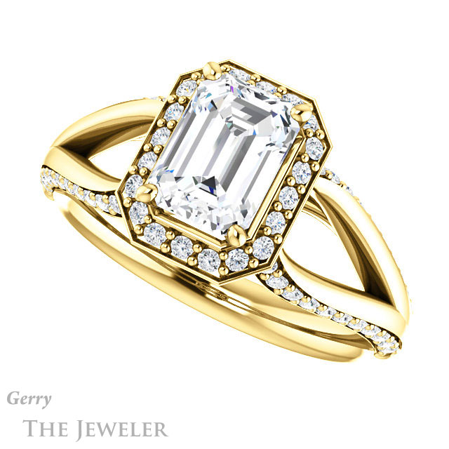 Emerald Cut Forever One Moissanite Engagement Ring #GTJ1094-emerald-fb-y 5 Emerald Cut Forever Brilliant Moissanite Engagement Ring #GTJ1094-emerald-fb-y