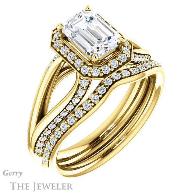 Emerald Cut Forever One Moissanite Engagement Ring #GTJ1094-emerald-fb-y 6 Emerald Cut Forever Brilliant Moissanite Engagement Ring #GTJ1094-emerald-fb-y