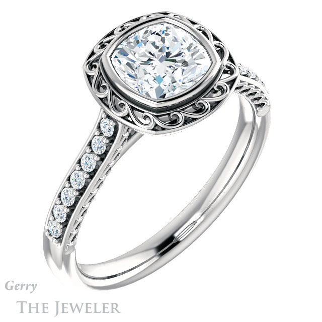 Cushion Cut Forever One Moissanite Engagement Ring #GTJ1105-cushion-fo-w | Gerry The Jeweler Cushion Cut Forever One Moissanite Engagement Ring #GTJ1105-cushion-fo-w
