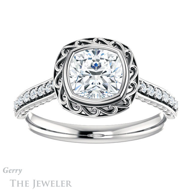 Cushion Cut Forever One Moissanite Engagement Ring #GTJ1105-cushion-fo-w | Gerry The Jeweler Cushion Cut Forever One Moissanite Engagement Ring #GTJ1105-cushion-fo-w