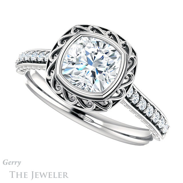 Cushion Cut Forever One Moissanite Engagement Ring #GTJ1105-cushion-fo-w | Gerry The Jeweler Cushion Cut Forever One Moissanite Engagement Ring #GTJ1105-cushion-fo-w