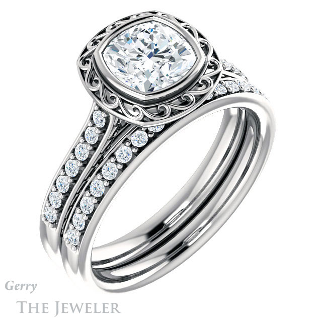 Cushion Cut Forever One Moissanite Engagement Ring #GTJ1105-cushion-fo-w | Gerry The Jeweler Cushion Cut Forever One Moissanite Engagement Ring #GTJ1105-cushion-fo-w