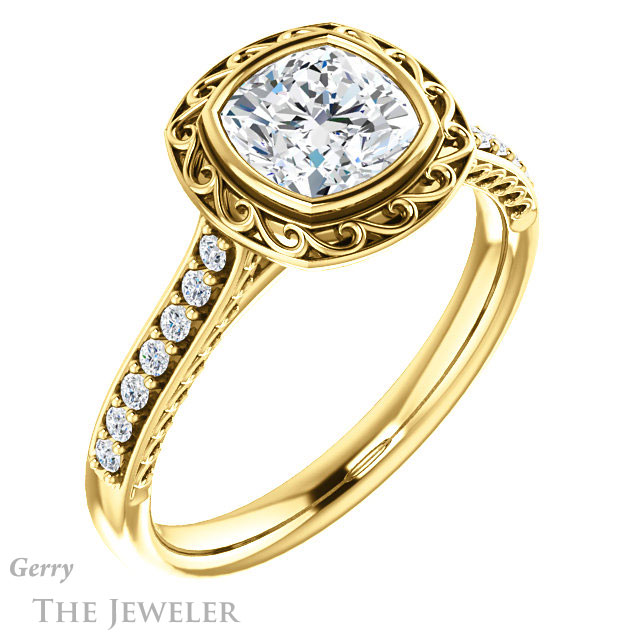 Cushion Cut Forever One Moissanite Engagement Ring #GTJ1105-cushion-fo-y | Gerry The Jeweler Cushion Cut Forever One Moissanite Engagement Ring #GTJ1105-cushion-fo-y