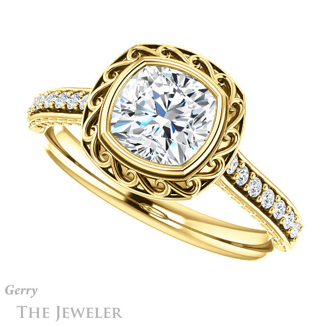 Cushion Cut Forever One Moissanite Engagement Ring #GTJ1105-cushion-fo-y | Gerry The Jeweler Cushion Cut Forever One Moissanite Engagement Ring #GTJ1105-cushion-fo-y