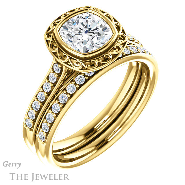 Cushion Cut Forever One Moissanite Engagement Ring #GTJ1105-cushion-fo-y | Gerry The Jeweler Cushion Cut Forever One Moissanite Engagement Ring #GTJ1105-cushion-fo-y