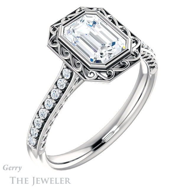 Emerald Cut Forever One Moissanite Engagement Ring #GTJ1105-emerald-fb-w | Gerry The Jeweler Emerald Cut Forever Brilliant Moissanite Engagement Ring #GTJ1105-emerald-fb-w