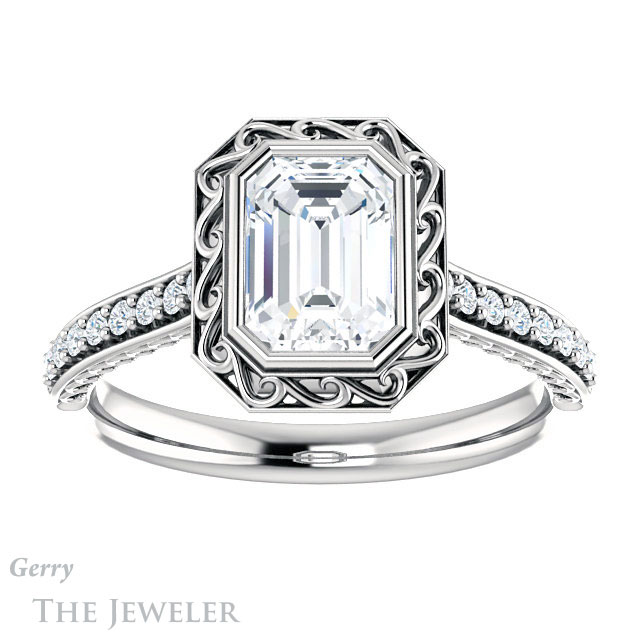 Emerald Cut Forever One Moissanite Engagement Ring #GTJ1105-emerald-fb-w | Gerry The Jeweler Emerald Cut Forever Brilliant Moissanite Engagement Ring #GTJ1105-emerald-fb-w