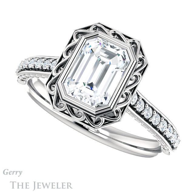 Emerald Cut Forever One Moissanite Engagement Ring #GTJ1105-emerald-fb-w | Gerry The Jeweler Emerald Cut Forever Brilliant Moissanite Engagement Ring #GTJ1105-emerald-fb-w