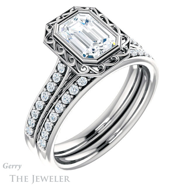 Emerald Cut Forever One Moissanite Engagement Ring #GTJ1105-emerald-fb-w | Gerry The Jeweler Emerald Cut Forever Brilliant Moissanite Engagement Ring #GTJ1105-emerald-fb-w