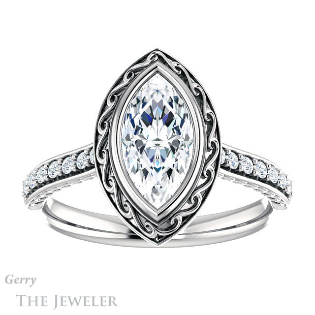Marquise Cut Forever One Moissanite Engagement Ring #GTJ1105-marquise-fb-w | Gerry The Jeweler Marquise Cut Forever Brilliant Moissanite Engagement Ring #GTJ1105-marquise-fb-w