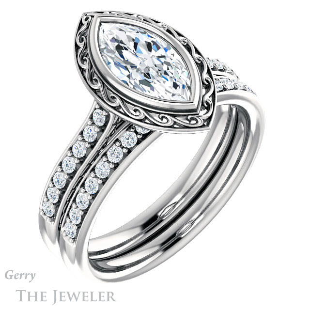 Marquise Cut Forever One Moissanite Engagement Ring #GTJ1105-marquise-fb-w | Gerry The Jeweler Marquise Cut Forever Brilliant Moissanite Engagement Ring #GTJ1105-marquise-fb-w